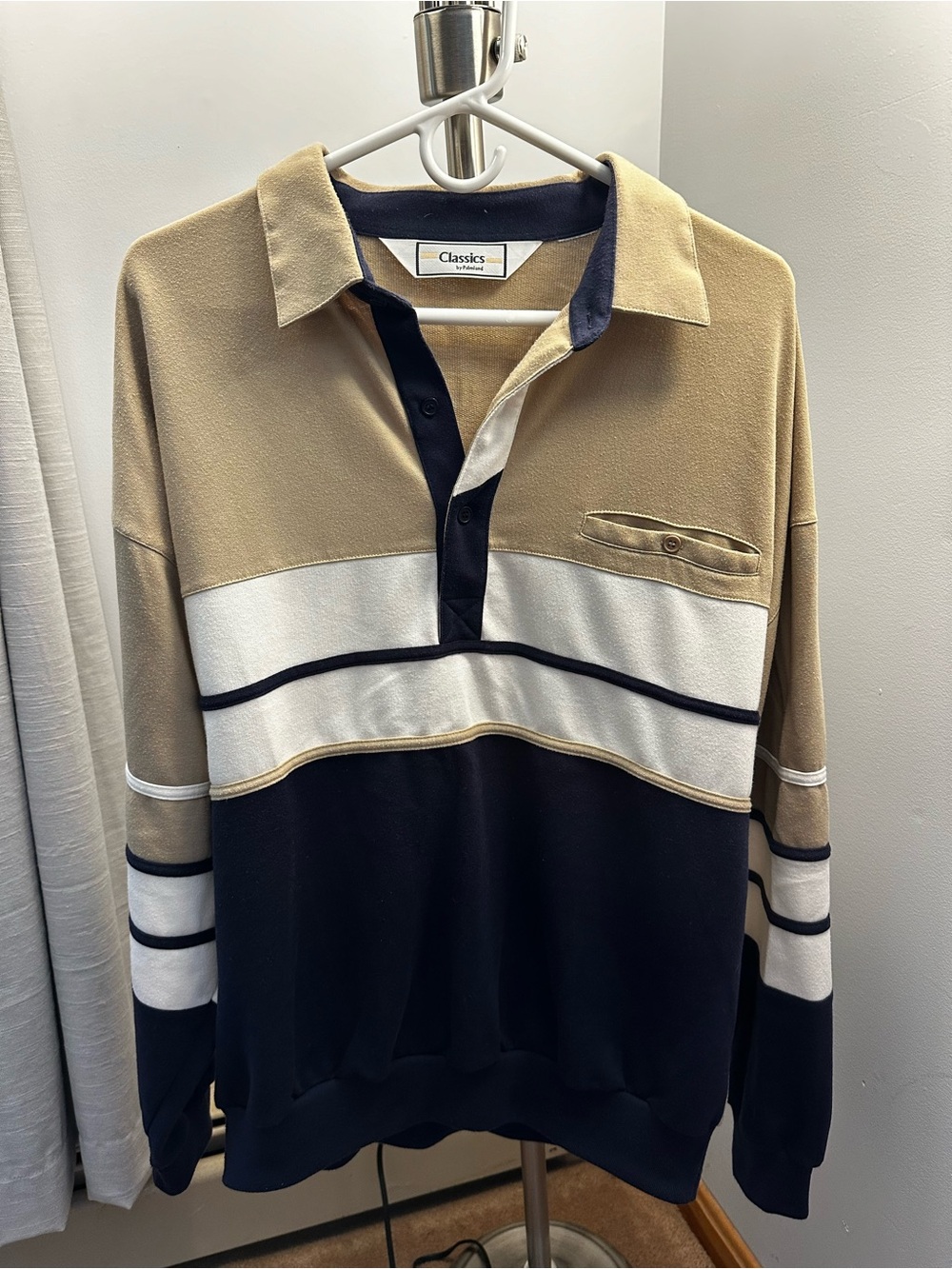 Men’s Long-Sleeve Polo — Tan, White & Navy